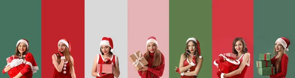 Set Attraktiver Junger Frauen Weihnachtsmannkostümen Und Mit Weihnachtsgeschenken Auf Buntem — Stockfoto