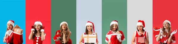 Uppsättning Attraktiva Unga Kvinnor Santa Kostymer Och Med Julklappar Färgglada — Stockfoto