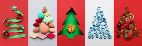 Conjunto Diferentes Árvores Natal Criativas Sobre Fundo Colorido Vista Superior — Fotografia de Stock