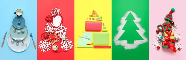 Sada Různých Kreativních Vánoční Stromky Barevném Pozadí — Stock fotografie