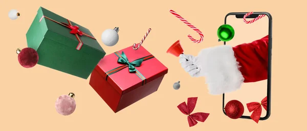 Collage Avec Smartphone Main Père Noël Cadeaux Noël Décor Sur — Photo