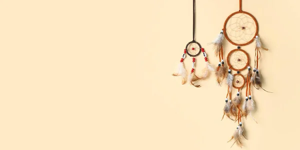 Beautiful Dream Catchers Beige Background Space Text — Stock Photo, Image