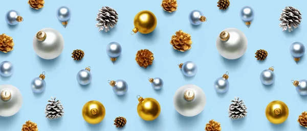 Hermosas Bolas Navidad Conos Sobre Fondo Azul Claro Patrón Diseño — Foto de Stock