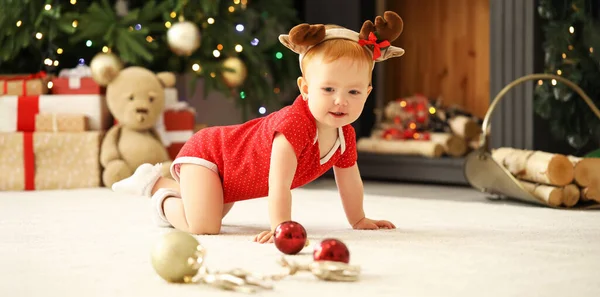 Cute Little Baby Playing Room Decorated Christmas — Stock Photo, Image