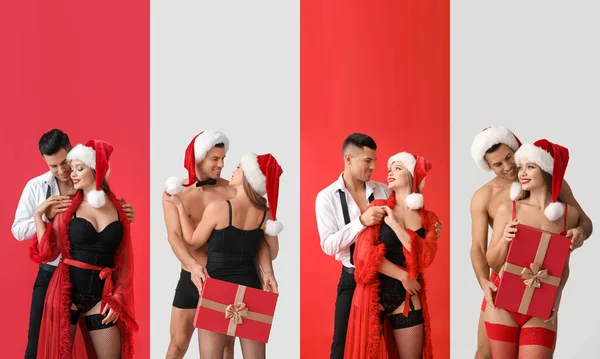 Set Van Sexy Jong Paar Kleur Achtergrond Kerstfeest — Stockfoto
