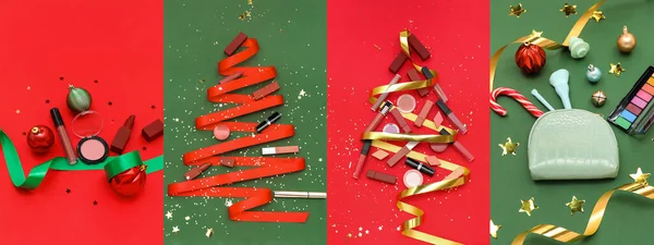 Festive Collage Christmas Decorations Makeup Cosmetics Color Background Top View — Stock Photo, Image