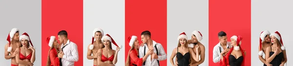 Conjunto Sexy Pareja Joven Fondo Color Celebración Navidad —  Fotos de Stock