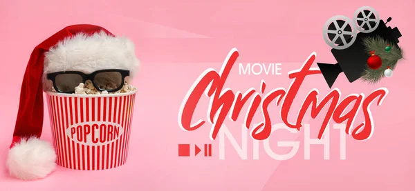 Banner Mit Popcorn Weihnachtsmütze Und Brille Auf Rosa Hintergrund Weihnachtsfeier — Stockfoto