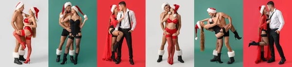 Coleção Jovem Casal Sexy Fundo Cor Celebração Natal — Fotografia de Stock