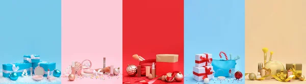 Uroczysty Kolaż Prezentów Świątecznych Kosmetykami Dekoracyjnymi Tle Koloru — Zdjęcie stockowe