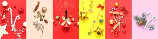 Collage Festivo Hermosas Composiciones Navidad Sobre Fondo Color Vista Superior —  Fotos de Stock