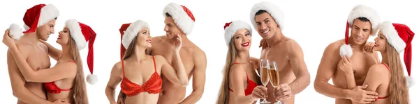 Collezione Sexy Giovane Coppia Sfondo Bianco Celebrazione Natale — Foto Stock