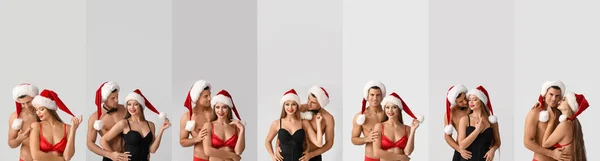 Koláž Sexy Mladý Pár Světlém Pozadí Vánoční Oslava — Stock fotografie