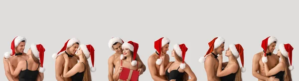 Kolekce Sexy Mladý Pár Světlém Pozadí Vánoční Oslava — Stock fotografie