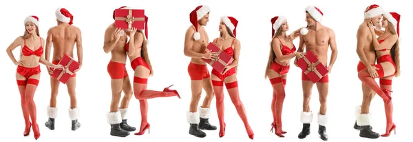 Collage Sexy Giovane Coppia Sfondo Bianco Celebrazione Natale — Foto Stock