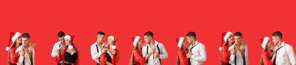 Collage Sexiga Unga Par Röd Bakgrund Julfirande — Stockfoto