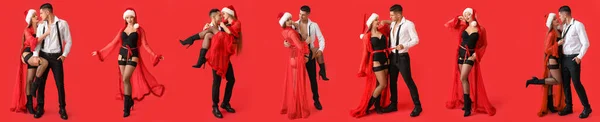 Collection Sexy Young Couple Red Background Christmas Celebration — Stock Photo, Image