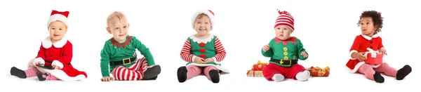 Kolaż Małych Dzieci Kostiumach Świątecznych Prezentami Białym Tle — Zdjęcie stockowe