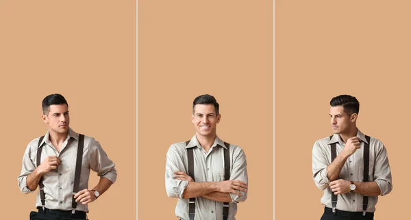 Collage Stylish Young Man Suspenders Color Background — Stock Photo, Image