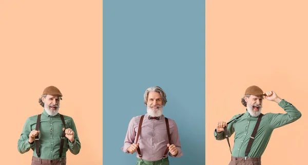 Collage Elegante Uomo Anziano Con Bretelle Sfondo Colore — Foto Stock