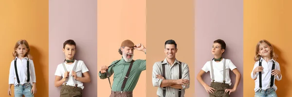 Set Van Stijlvolle Mensen Met Bretels Kleur Achtergrond — Stockfoto