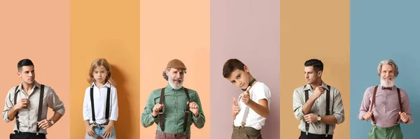Group Stylish People Suspenders Color Background — Stock Photo, Image