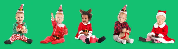 Collage Little Babies Christmas Costumes Gifts Green Background — Stock Photo, Image