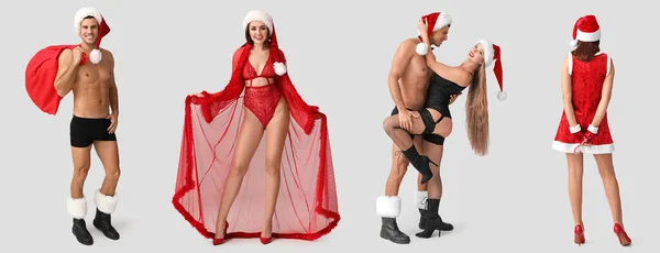 Colagem Jovens Sexy Fundo Claro Celebração Natal — Fotografia de Stock