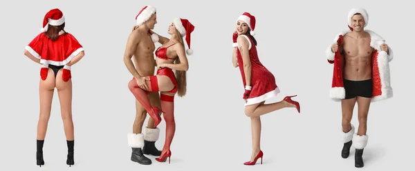 Set of sexy young people on light background. Christmas celebration