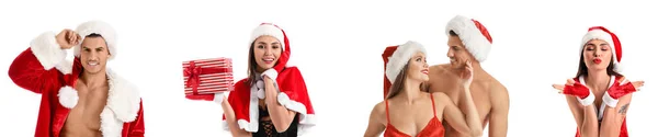 Collage Sexiga Unga Människor Vit Bakgrund Julfirande — Stockfoto