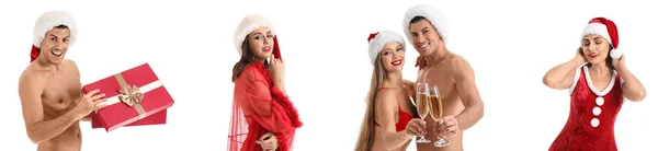 Collage Sexiga Unga Människor Isolerade Vitt Julfirande — Stockfoto
