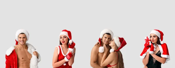Gruppe Reizvoller Junger Leute Auf Grauem Hintergrund Weihnachtsfeier — Stockfoto