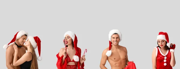 Collage Jóvenes Sexys Sobre Fondo Gris Celebración Navidad — Foto de Stock