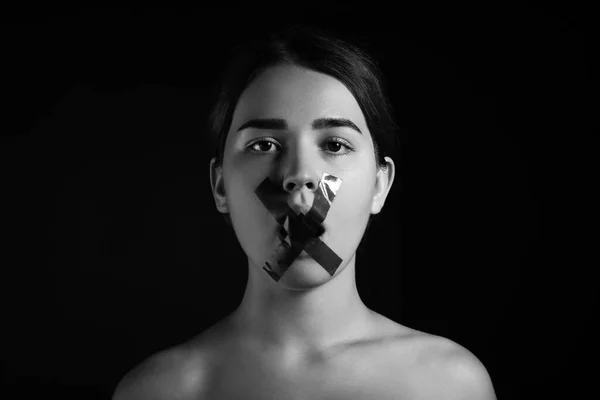 Young Woman Taped Mouth Dark Background Censorship Concept — Stock Photo, Image