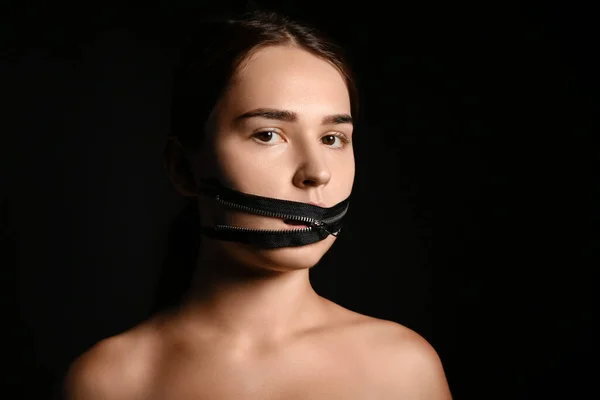 Young Woman Zipper Her Mouth Dark Background Censorship Concept — Stock Photo, Image