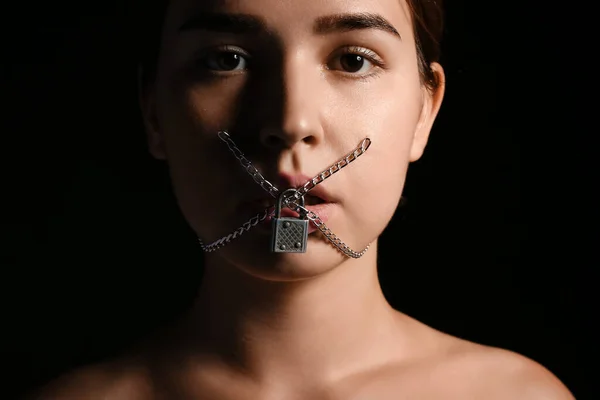 Young Woman Locked Mouth Dark Background Censorship Concept — Stock Photo, Image