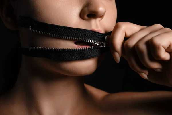 Young Woman Zipper Her Mouth Dark Background Closeup Censorship Concept — Stock Photo, Image