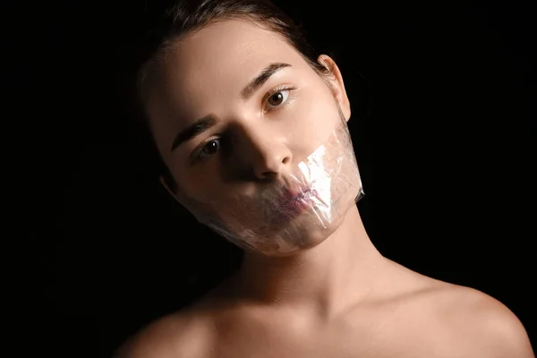 Young Woman Taped Mouth Dark Background Censorship Concept — Stock Photo, Image
