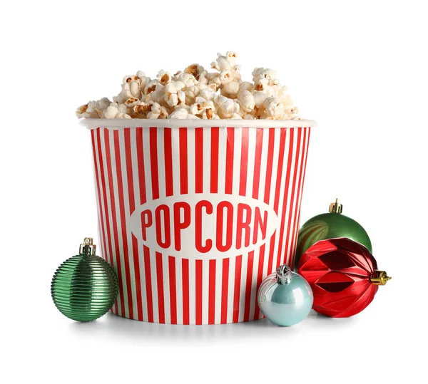 Bucket Popcorn Christmas Balls White Background — Stock Photo, Image