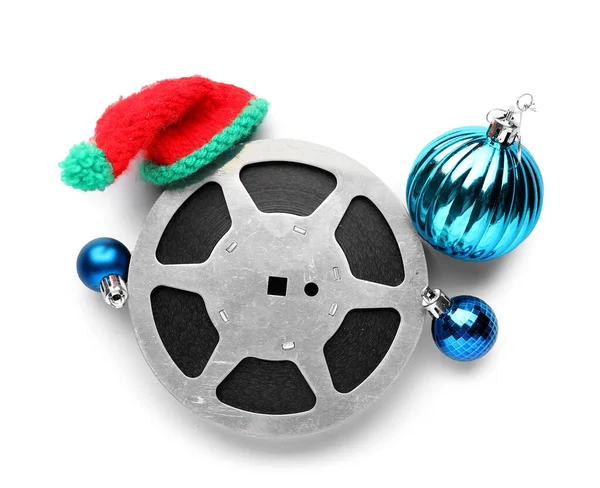 Film Haspel Met Hoed Kerstballen Witte Achtergrond — Stockfoto