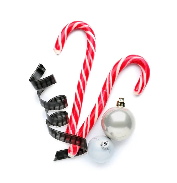 Candy Canes Film Reel Christmas Balls White Background — Stock Photo, Image