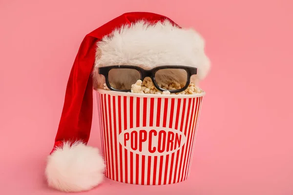 Bucket Popcorn Santa Hat Glasses Pink Background — Stock Photo, Image