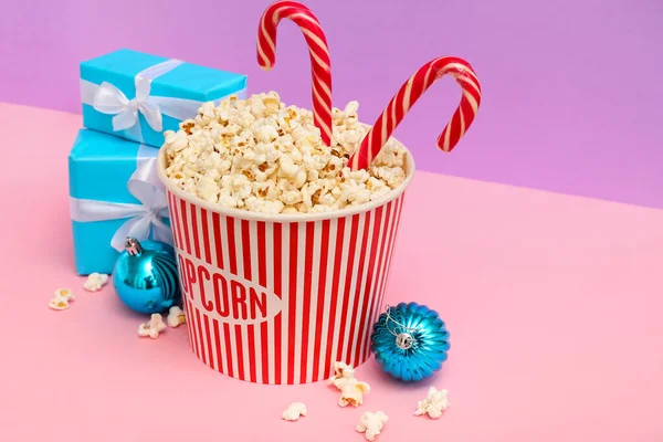 Bucket Popcorn Candy Canes Christmas Balls Presents Color Background — Stock Photo, Image