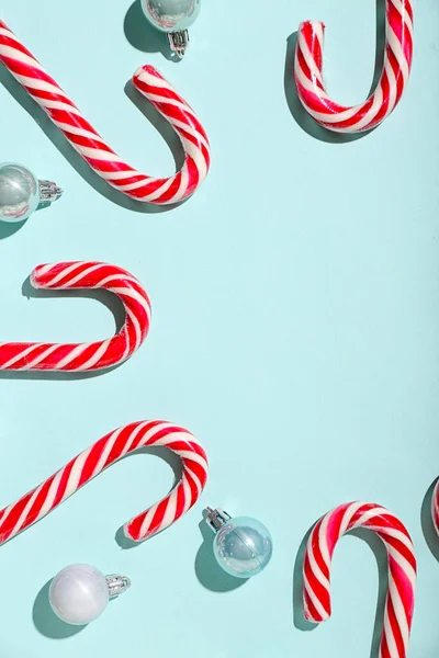 Composition Tasty Candy Canes Christmas Balls Color Background — Stock Photo, Image