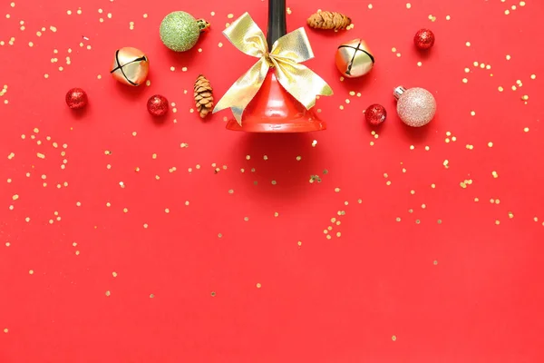 Composition Christmas Bell Decorations Red Background — Stock Photo, Image