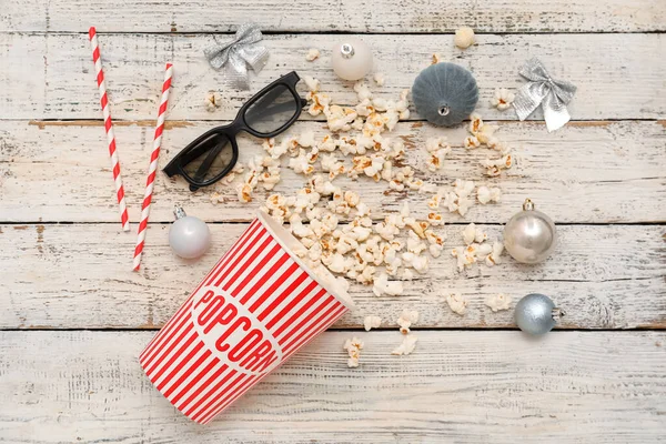 Bucket Popcorn Glasses Christmas Balls White Wooden Background — Stock Photo, Image