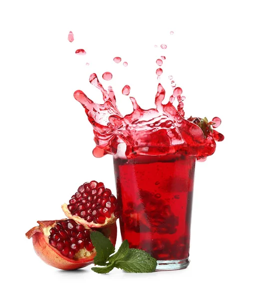 Glass Tasty Pomegranate Juice Splashes Fresh Fruit Isolated White Background — Stock Photo, Image