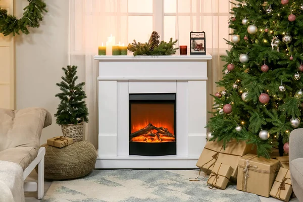 Interior Living Room Fireplace Christmas Trees Window — Stock Photo, Image