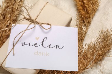 Arkaplanda metin VieLEN DANK, hediye kutusu ve pampas otu olan kart