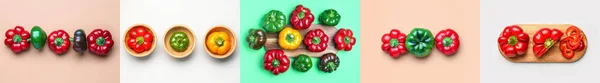 stock image Collage with many bell peppers on colorful background